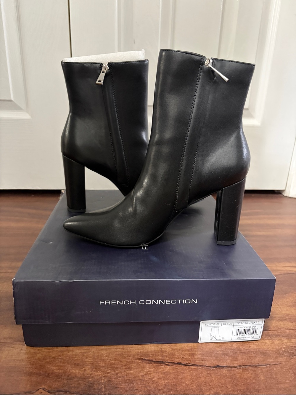 French Connection Black Leather Block Heel Ankle Boots- Tori
